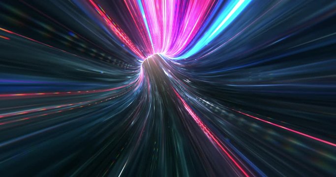 Abstract neon lights Sci-Fi futuristic Hi Tech virtual reality tunnel. Futuristic motion graphic. Ultra violet neon light glow. 4k 3D rendering, Seamless loop