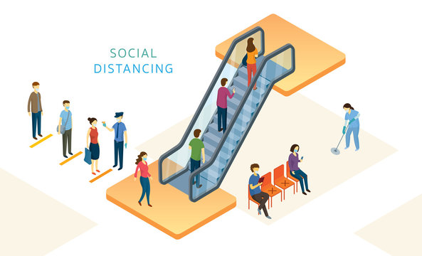 New Normal, People, Social Distancing In Mart And Store, Use Escalator, Prevention Of Coronavirus Covid-19