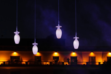 Beautiful ornamental lights on a dark blue sky, Bucharest, Romania