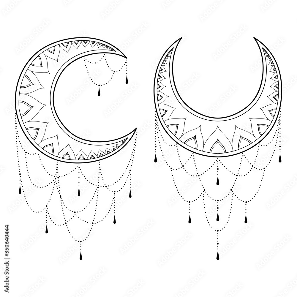 Wall mural set of two ethnic mandalas with moon and ornament for greeting card, invitation, henna drawing and t