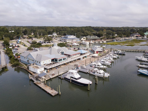 Low aerial view of marina at Murrels Inlet, South Carolina.