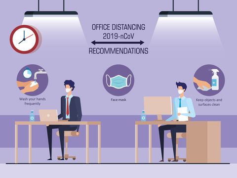 campaign of social distancing at office for covid 19 with business men vector illustration design