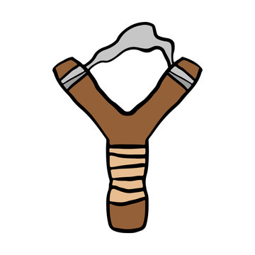 Wooden slingshot with rubber band icon. Front view. Cartoon silhouette with contour. Hand drawn vector graphic illustration. Isolated object on a white background. Isolate.