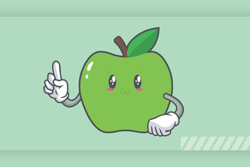 SMILING, HAPPY, UWU Face Emotion. Forefinger Hand Gesture. Green Apple Cartoon Mascot Illustration