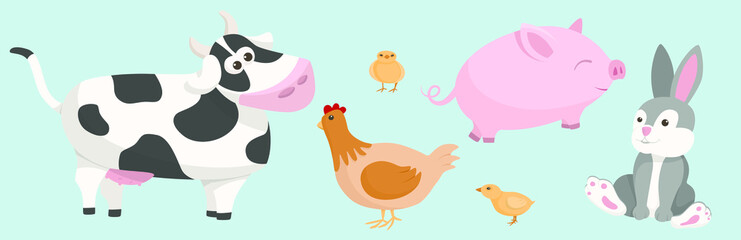 Set of illustrations of pets on a farm in a cartoon style: cow, chicken, chicken, cute pig, rabbit, hare