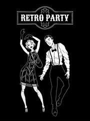 Man and woman dressed in 1920s style dancing, black and white card, flapper girl, handsome guy in vintage suit, twenties, vector illustration