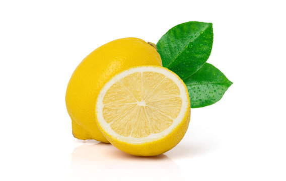 Water drops fresh lemon with leaves isolated on white background with clipping path.