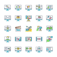 Video production RGB color icons set. Internet blog content. Promotional, informational and entertainment videography. Isolated vector illustrations