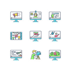 Videography RGB color icons set. Web conference. Internet blogging. Nature documentary film. Concert streaming. TV commercial. Isolated vector illustrations