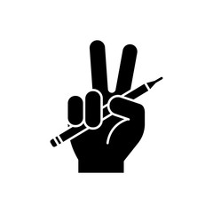 Freedom of press black glyph icon. Journalism liberty. Mass media independence. Fairness in writer opinion. Hand with pencil. Silhouette symbol on white space. Vector isolated illustration