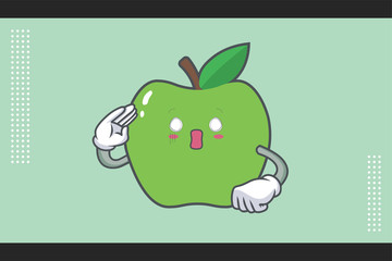 SPACED OUT, SURPRISED, SHOCKED Face Emotion. Salute Hand Gesture. Green Apple Cartoon Mascot Illustration