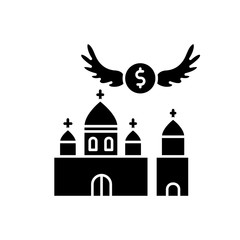 Church donation black glyph icon. Charity for religious community. Contribution to christian congregation. Invest in chapel. Silhouette symbol on white space. Vector isolated illustration