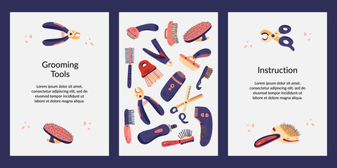 Set templates cards, tag, instruction, assurance. Dog and cat grooming equipment vector flat illustration. Tools for pet care shop, salon. For flyer, banner, poster, sticker, promo, coupon, invitation
