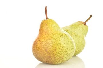 Juicy ripe, sweet, organic green pears, closeup, on a white background.