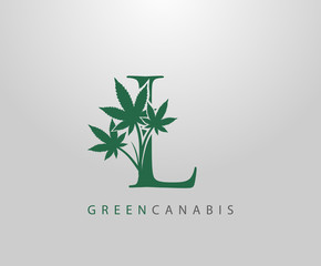 Letter L Green Canabis Logo, Initial L With Medical Marijuana Leaf Design.