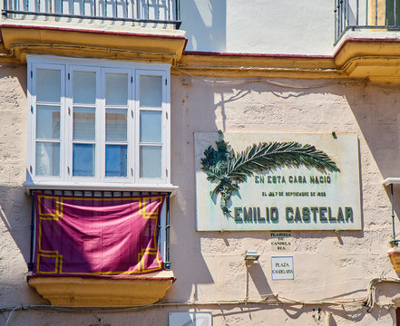 Cadiz, Spain - June 22, 2019. Marble Plaque To Emilio Castelar, A Politician And Writer From Cadiz. President Of The Executive Power During The First Spanish Republic. Plaza De Candelaria Square.