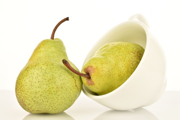 Juicy ripe, sweet, organic green pears, closeup, on a white background.