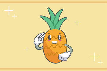 SMILING, HAPPY, GRIN SMILE Face Emotion. Salute Respect Hand Gesture. Pineapple Fruit Cartoon Drawn Mascot Illustration.