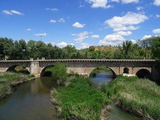 Fototapeta na wymiar Historic Roman and Arab bridge in the city of Guadalajara on the Henares River. Spain. 