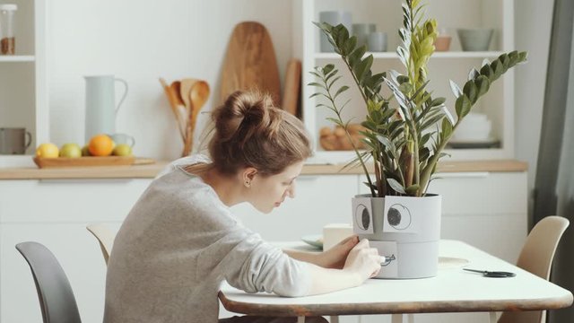 Side view of young Caucasian woman sitting at table and drawing smiley face on adhesive notes attached to plant pot while spending time at home in isolation
