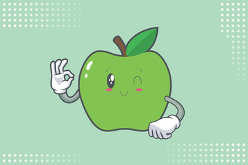 WINK, SMILING, cheerful, Smiling Face Emotion. Ok, Nice, Good Hand Gesture. Green Apple Cartoon Mascot Illustration.