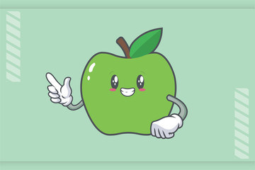 SMILING, HAPPY, GRIN SMILE Face Emotion. Forefinger Hand Gesture. Green Apple Cartoon Mascot Illustration