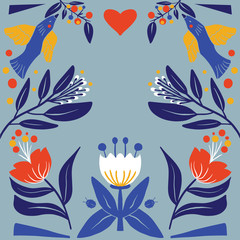 Floral Folk art  square pattern in modern style, Scandi vector illustration