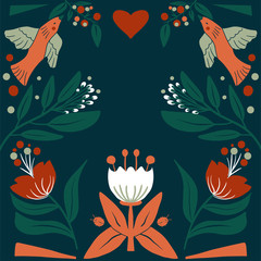 Fototapeta na wymiar Floral Folk art square pattern in modern style, Scandi vector illustration