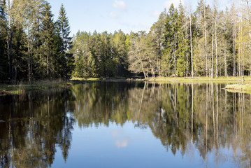 Fototapeta na wymiar Scenic view of a river landscape in spring. Farnebofjarden national park in Sweden.