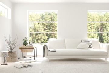 White living room with sofa and summer landscape in window. Scandinavian interior design. 3D illustration