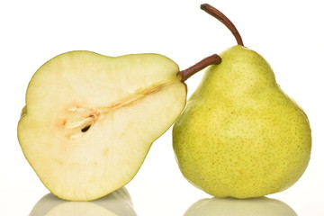 Juicy ripe, sweet, organic green pears, closeup, on a white background.