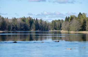 Scenic view of a river landscape in spring. Farnebofjarden national park in Sweden.