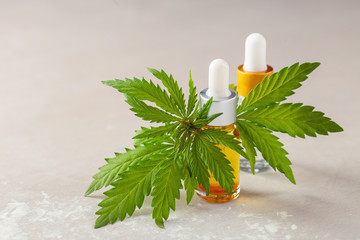 Cbd cannabis oil on light background . Medical hemp extract.