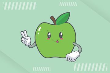 DUMB, FUNNY, TONGUE, cheerful Face Emotion. Peace Hand Gesture. Green Apple Cartoon Mascot Illustration