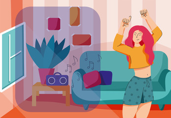 flat illustration of a girl dancing in a room with text space