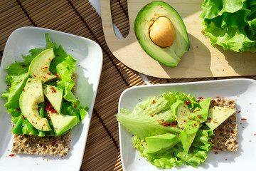 Healthy avocado toast for Breakfast, sliced avocado, salt and pepper. Vegetarian sandwiches. The concept of healthy, healthy food.