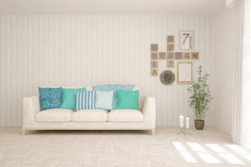 White living room with sofa and blue pillows. Scandinavian interior design. 3D illustration