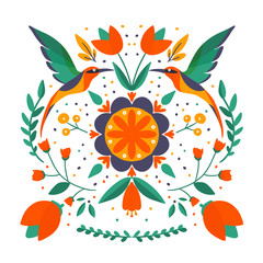 folk art scandinavian colourful pattern with floral and birds vector illustration