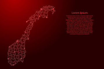 Norway map from red pattern from composed puzzles and glowing space stars. Vector illustration.