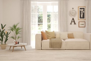 White living room with sofa, table and home plant. Scandinavian interior design. 3D illustration