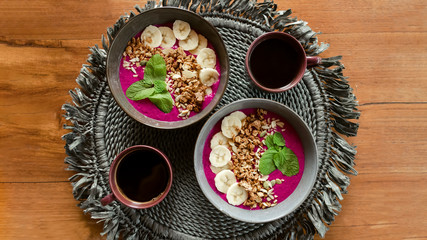 Tropical fruit smoothie top view. Healthy food. Balinese breakfast