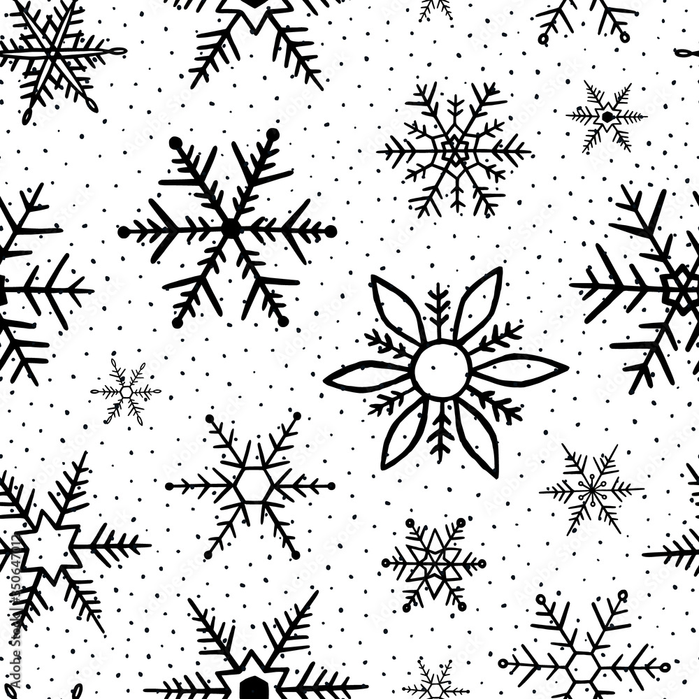 Poster snowflakes pattern. seamless pattern snowflake. winter background. handdrawn snowflakes. black and w