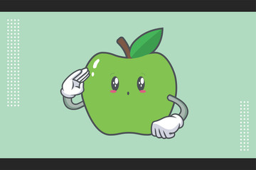 UH , OH, GASP Face Emotion. Salute Hand Gesture. Green Apple Cartoon Mascot Illustration