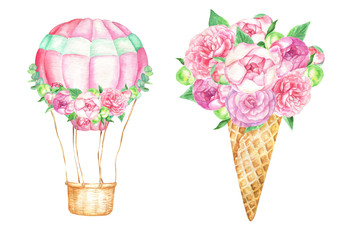 Watercolor illustration with balloon balloon floral decoration. Pink peonies ice cream.