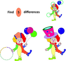 clown with balloons find 5 differences