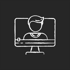 Talking head video chalk white icon on black background. Documentary film and video blog content. Online interview. Video chat conversation. Isolated vector chalkboard illustration