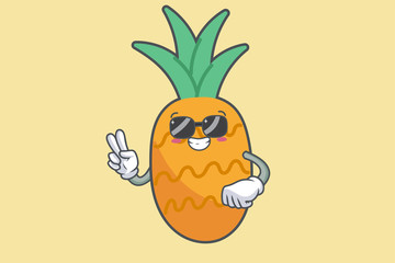 RELAXED, GLASSES, COOL Face Emotion. Peace Hand Gesture. Pineapple Fruit Cartoon Drawn Mascot Illustration.