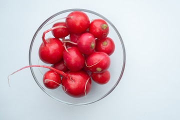 Fresh red radishes. Farm organic vegetables. Top view. Space for text