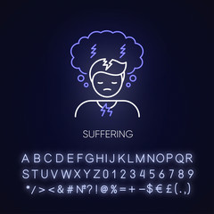 Suffering neon light icon. Anxiety disorder. Depression symptom. Migraine from tension. Outer glowing effect. Sign with alphabet, numbers and symbols. Vector isolated RGB color illustration