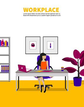 Business Woman Lady Entrepreneur In A Suit Working On A Laptop Computer At Her Clean And Sleek Office Desk. Flat Style Color Modern Vector Illustration.